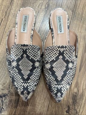 Steve Madden Pointed Snake-Print Mules in Taupe and Black
